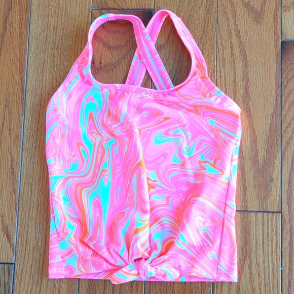 Size 4 Girls Swim Tankini Top Criss Cross Back and Tie Waist Pink Pool Beach - Picture 1 of 7